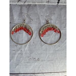 Hoop Red Tassel Beads Dangle Earrings Large Hoops Silver Tone